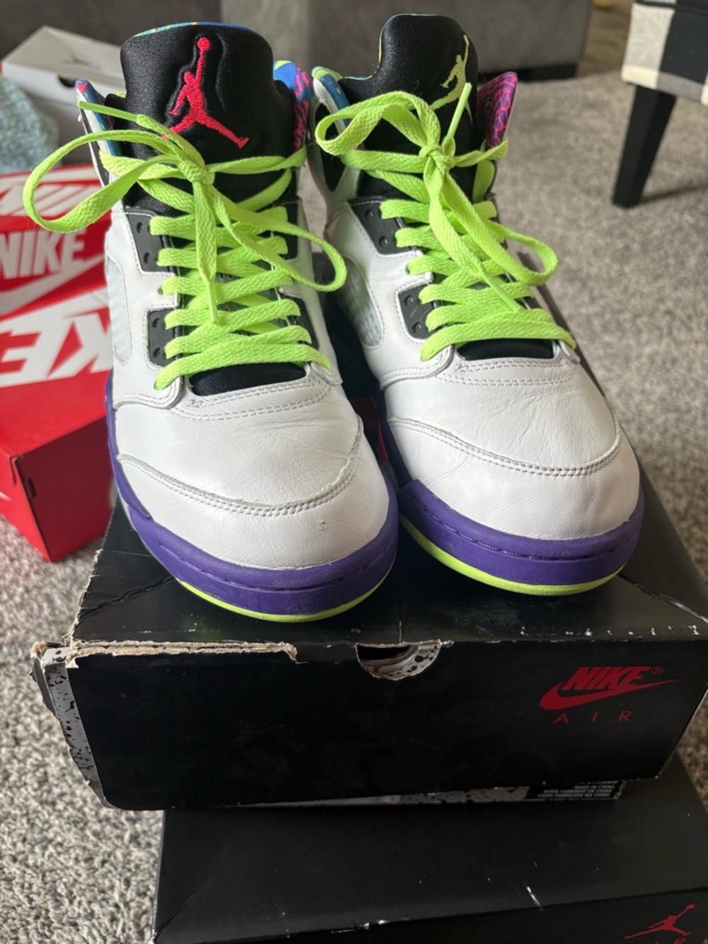 Jordan White Black Purple Sneakers with Neon Green Laces